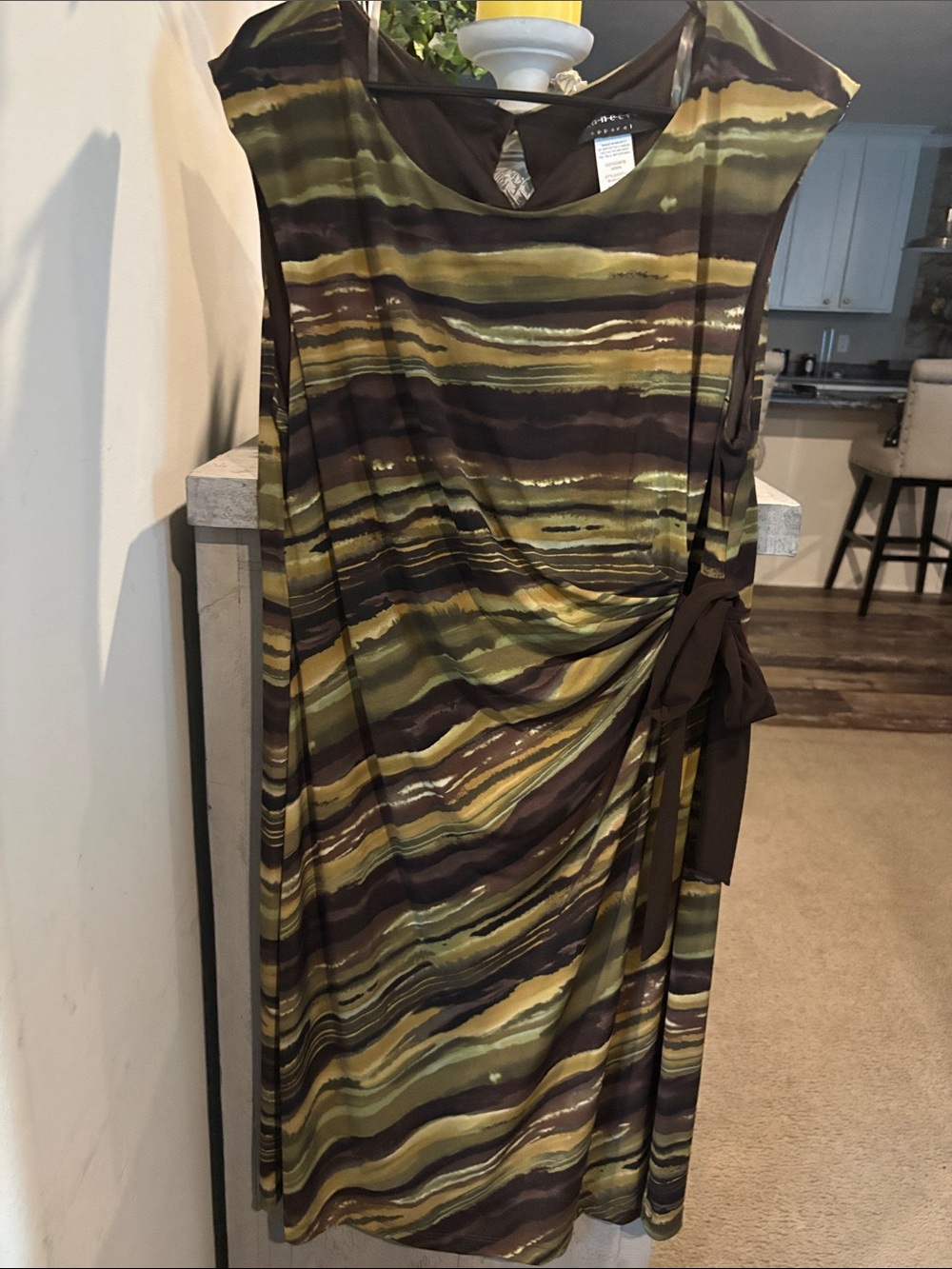 Sleeveless Olive Striped Midi Dress with Side Tie